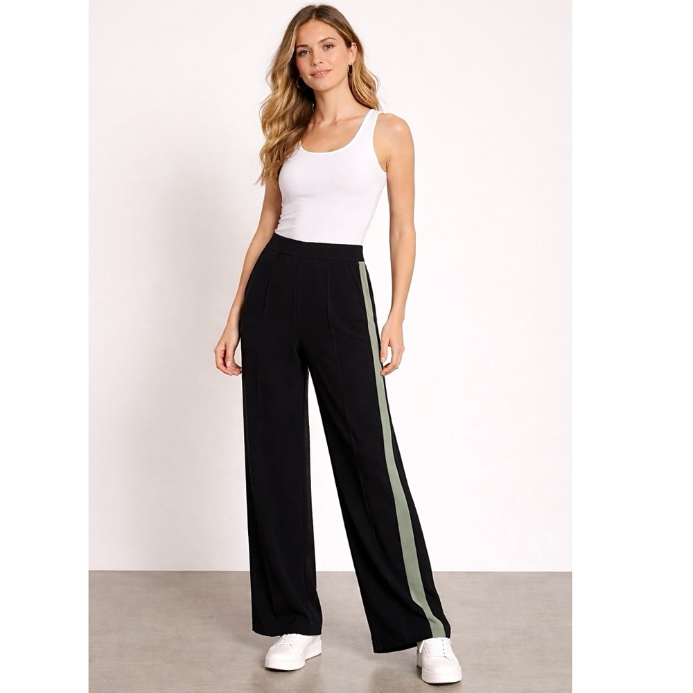 H&M L.O.G.G. Black High Waist Pull On Wide Pants With Green Stripe Small